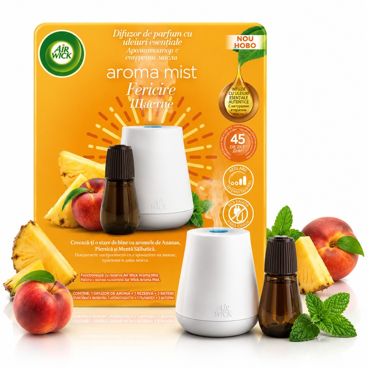 Air Wick® Aroma Mist Diffúzor, Boldogság, illóolajokkal, Ananász, Barack & Vadmenta