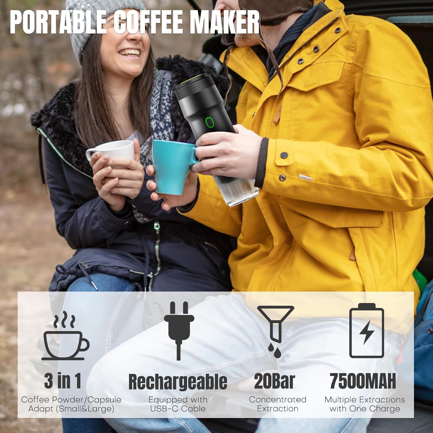 Espressor portabil 3-in-1, electric, baterie, negru, compact