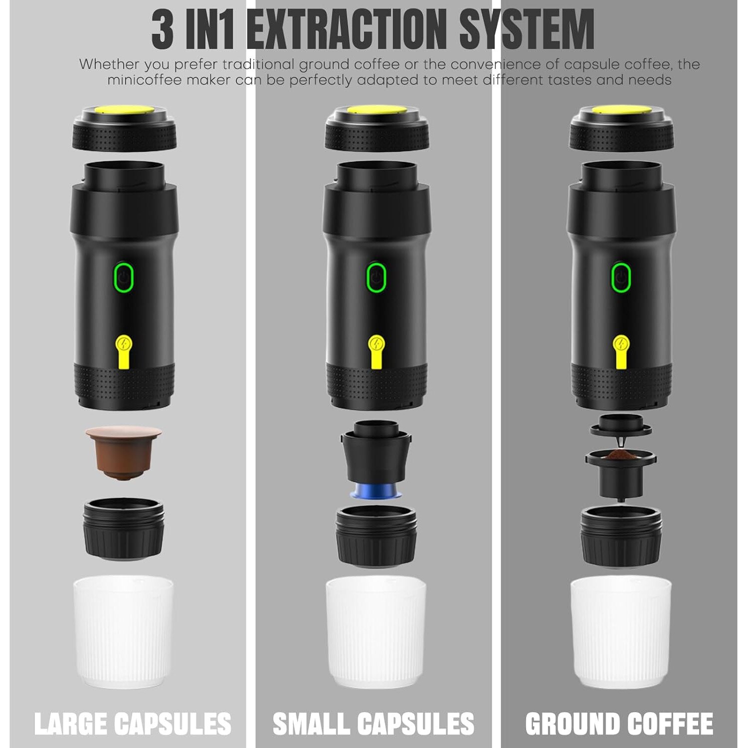 Espressor portabil 3-in-1, electric, baterie, negru, compact