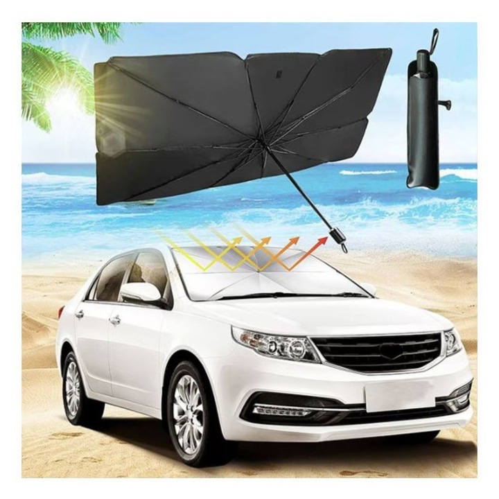 Parasolar pliabil DAMO®, tip umbrela pentru parbrizul masinii, Rezistent UV, 125 x 65 cm, husa depozitare