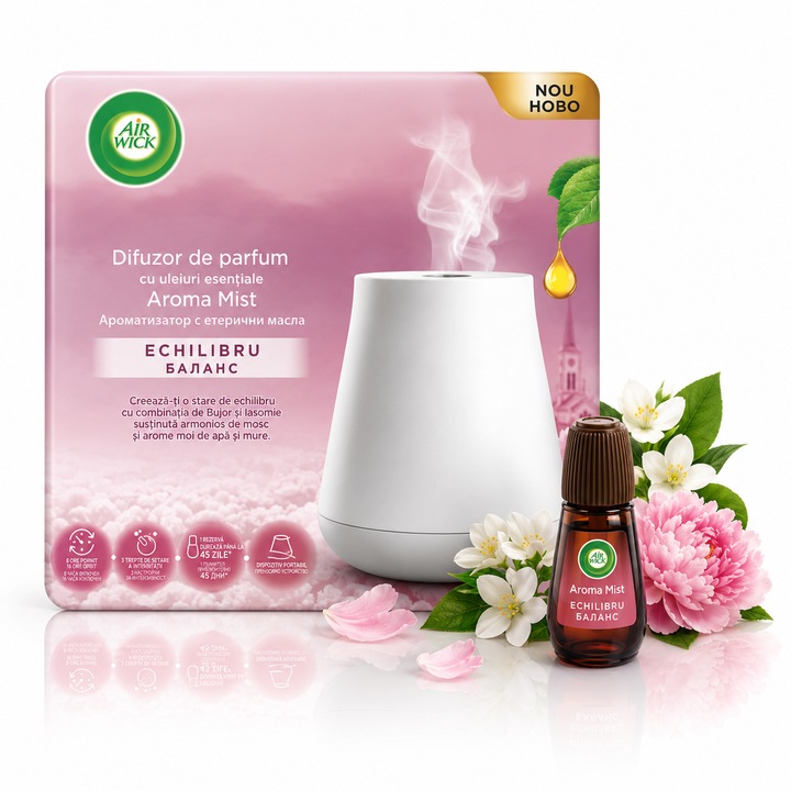 Air Wick® Aroma Mist Diffúzor Egyensúly, illóolajokkal, Bazsarózsa & Jázmin