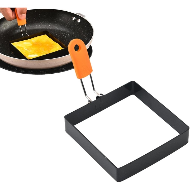 Forma/inel pentru ou patrat, otel inoxidabil, antiaderent, maner pliabil din silicon, Negru, 1 buc