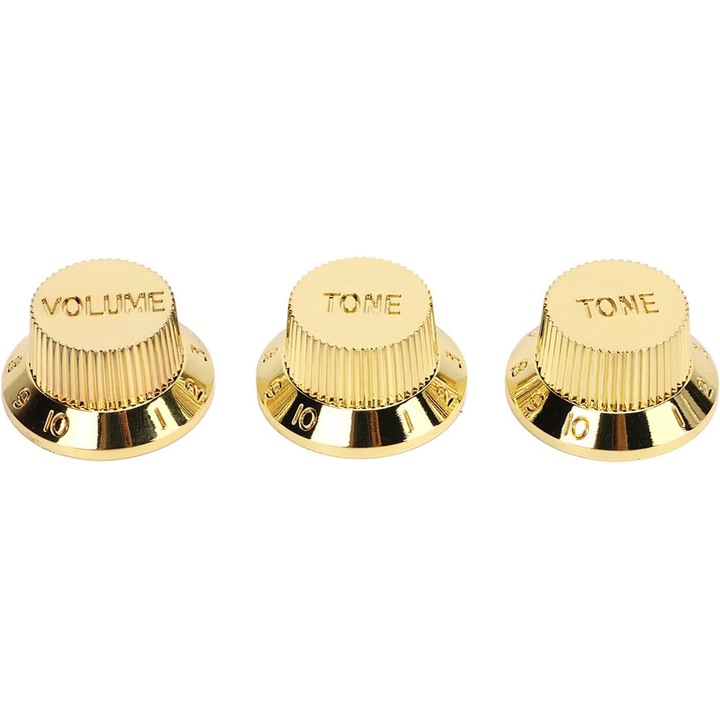 3 darabos készlet, potenciométer gombok elektromos gitárhoz 2T1V, 1 hangerő gomb + 2 hangszín gomb, ABS műanyag, üreges tengely átmérő 6 mm, arany