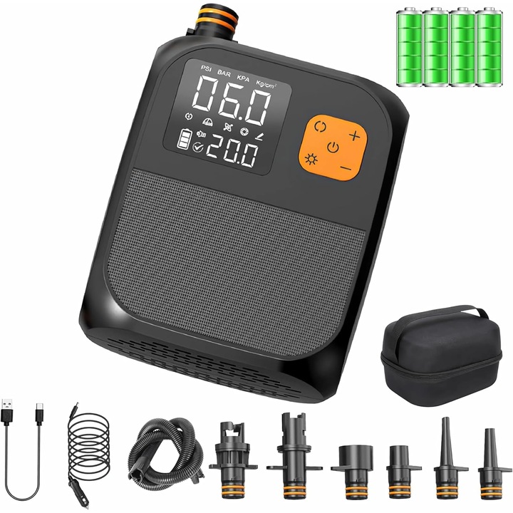 Elektromos pumpa/felfújó SUP-hoz, 25PSI, újratölthető 8000mAh, 120W, digitális kijelző PSI beállítással, USB-C és DC 12V autós tápellátás, 6 fúvóka mellékelve, Fekete, 1 db