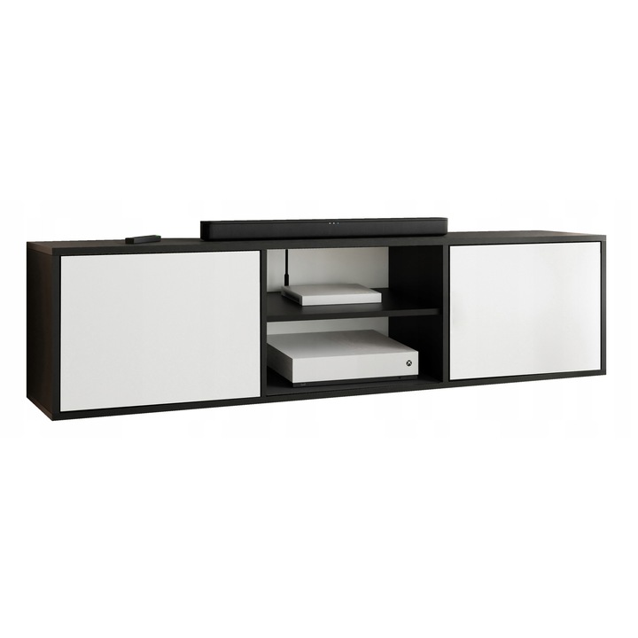 KIER EDI 3 nyitott TV komód – laminált forgácslap nappali bútor, 156x42x38 cm – Fehér és Fekete, prémium minőség, saját összeszerelés