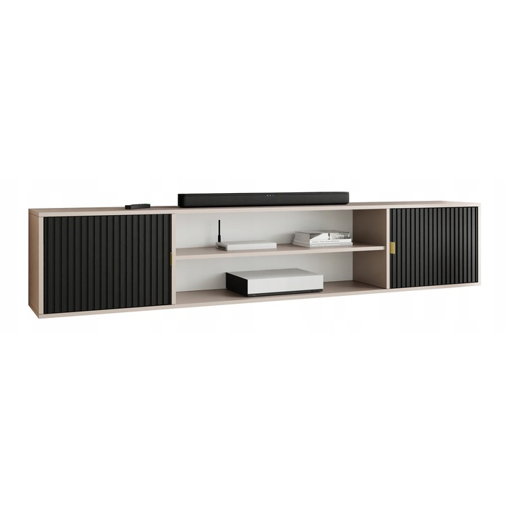 KIER ELI 4 nyitott TV komód – laminált PAL nappali bútor, 206x42x38 cm – Fekete, prémium minőség, saját összeszerelés