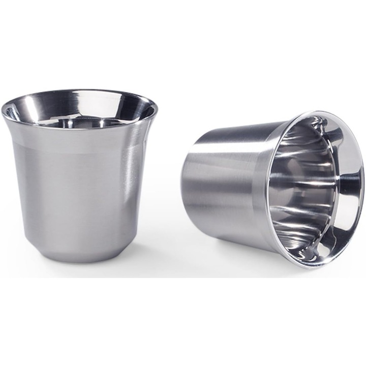 Set 2 bucati, cani espresso din otel inoxidabil, cu pereti dubli pentru izolare termica, usor de curatat, argintiu, 2 x 80 ml