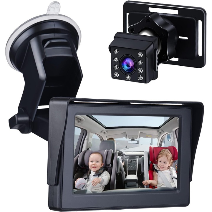 Visszapillantó tükör 1080p 4.3 hüvelykes gyermekfigyelő kamerával, éjjellátó, állítható