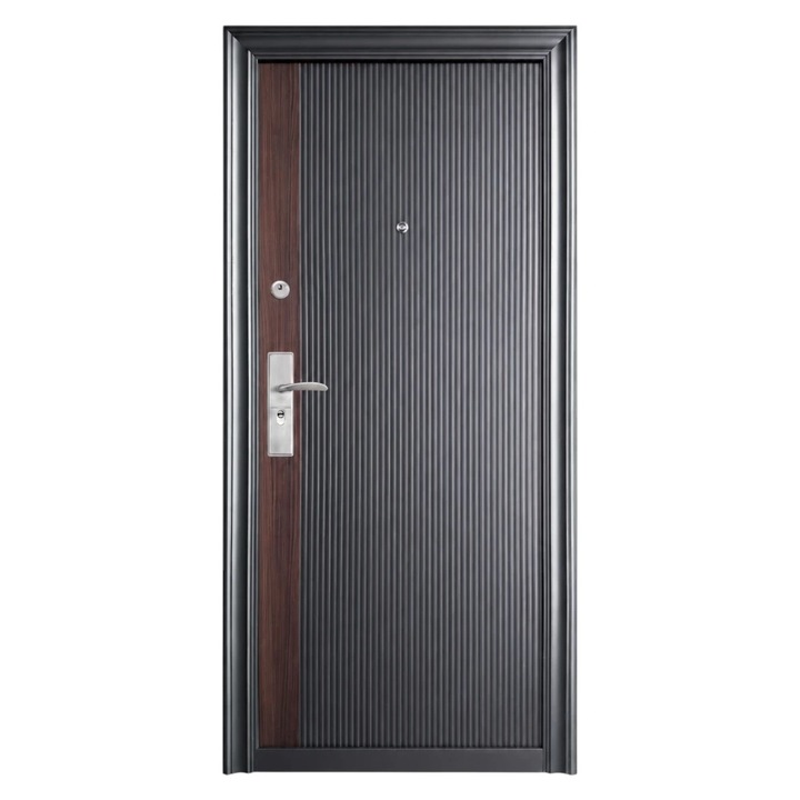 Usa metalica de exterior cu izolatie si vizor Novo Doors ND44, Deschidere Dreapta, tabla 0.5 mm, balamale si clanta incluse, toc de 7 cm, pentru case, Gri Wenge