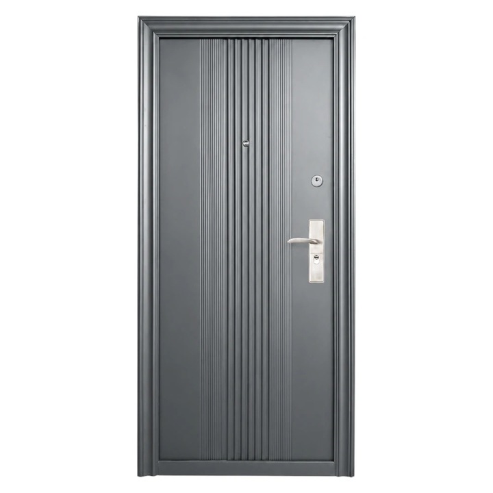 Usa metalica de exterior cu izolatie si vizor Novo Doors ND45, Deschidere Stanga, tabla 0.5 mm, balamale si clanta incluse, toc de 7 cm, pentru case, Gri Antracit