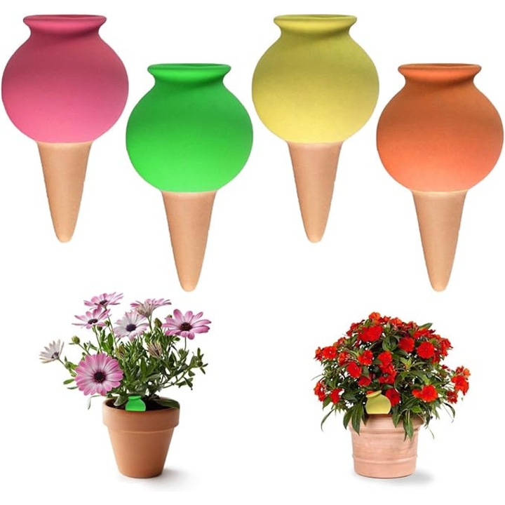 Set 4 bucati, conuri de udare prin picurare pentru ghivece, lut rosu, varf conic pentru insertie rapida, drenaj automat 2-3 zile, design sferic, multicolor