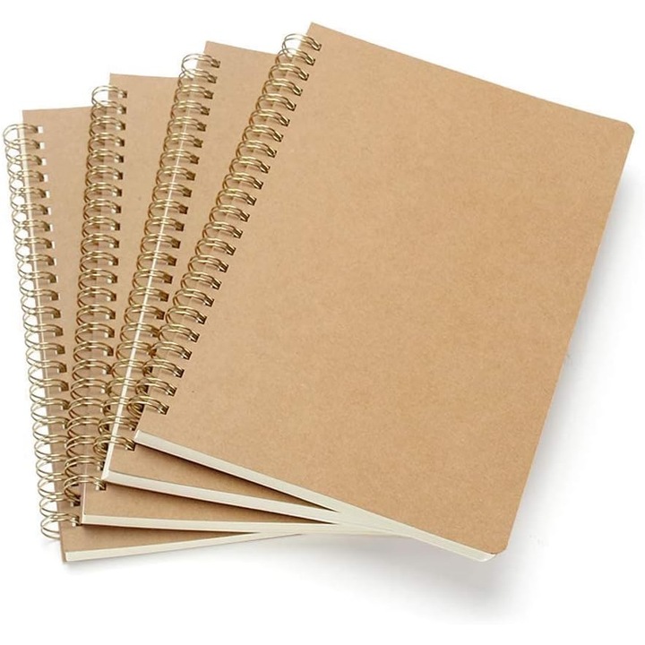 Set 4 caiete A5, coperta kraft, 60 file albe, spiralate, 13x18.5cm