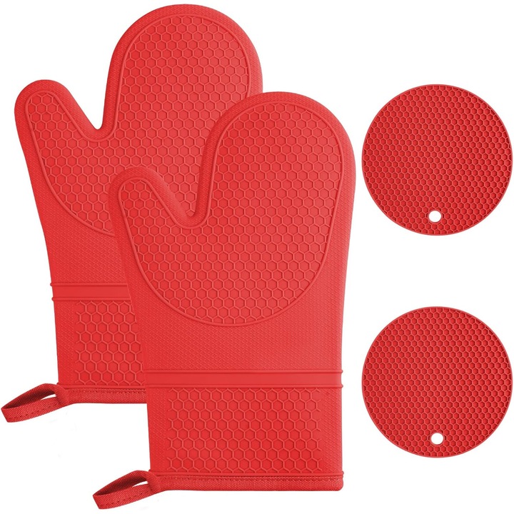 Szilikon sütőkesztyű szett 2 hőszigetelő alátéttel, csúszásmentes, hőálló, 29 cm, Piros, 1 szett (1 pár kesztyű + 2 darab)