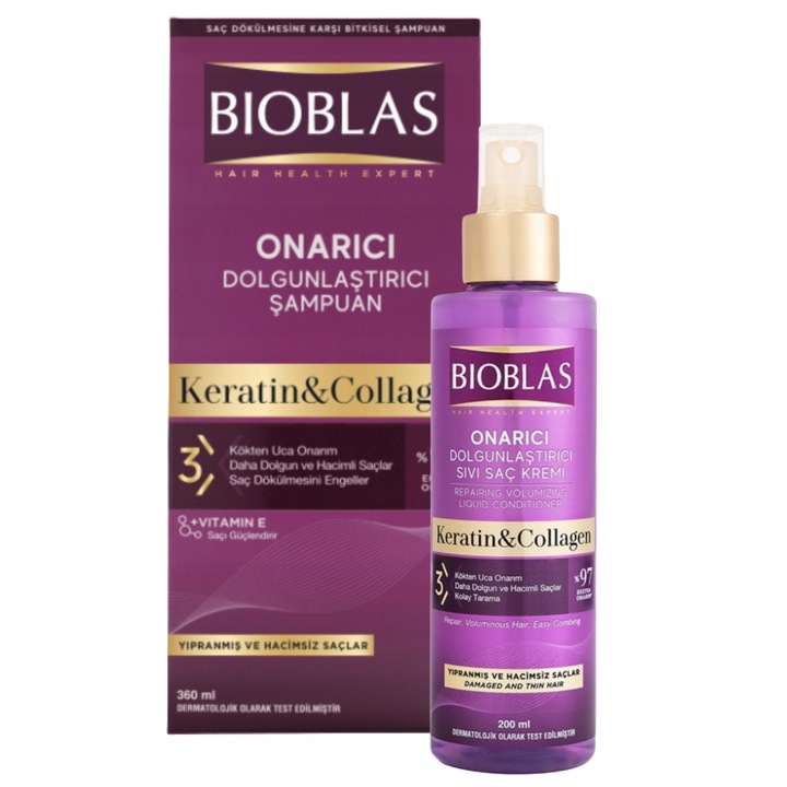 Bioblas (by Bioxcin) Kollagén & Keratin Szett Volumennövelő: Sampon 360 ml + Hajban Maradó Balzsam Spray 200 ml