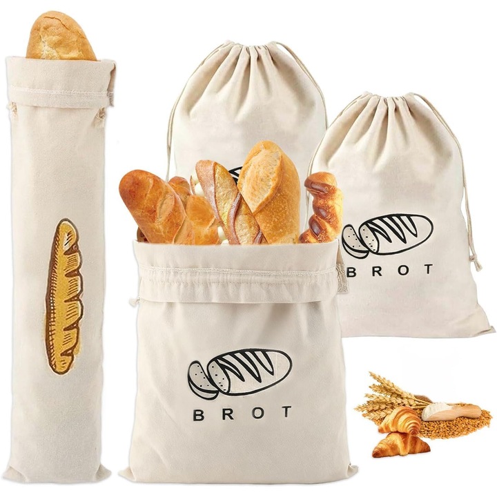 Set 4 pungi din in pentru paine si legume, cu snur, 40x30cm si 64x16cm, natural