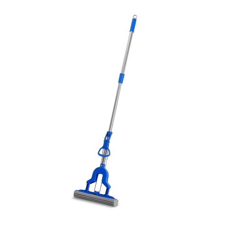 Mop cu burete PVA Kleaner, sistem auto-stoarcere prin tragere, maner telescopic metalic, Albastru/Gri