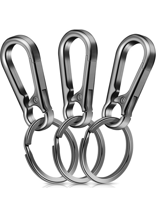 3 darabos szett, karabiner kulcstartóval, cinkötvözet, korrózió- és kopásálló, rugós mechanizmus, ezüst, O3 cm-es gyűrű, 4.7 cm hosszúság
