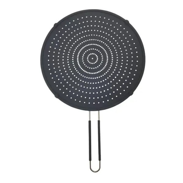Fröccsenésgátló pajzs / fröccsenésgátló képernyő, tapadásmentes szilikon, hőálló, könnyen tisztítható, multifunkcionális (szűrő, hűtőállvány, fedő), Fekete, 1 db