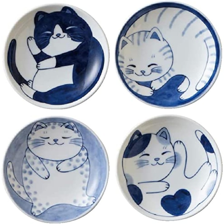 4 darabos készlet, Japán stílusú kerámia kistányérok, macska motívumokkal, szószokhoz, előételekhez és desszertekhez, Fehér/Kék, Átmérő 8.4 cm x 2.3 cm