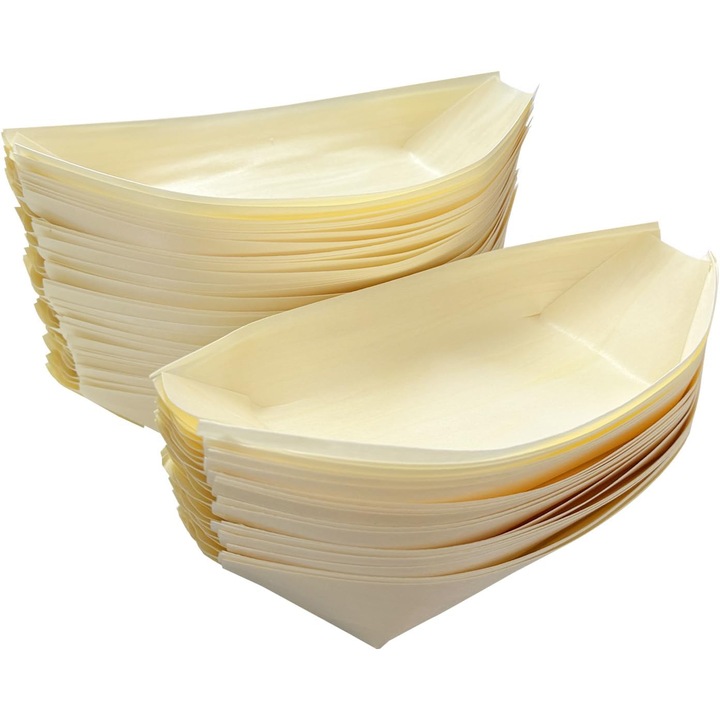 50 db természetes fa csónak alakú tányér szett 22x11cm