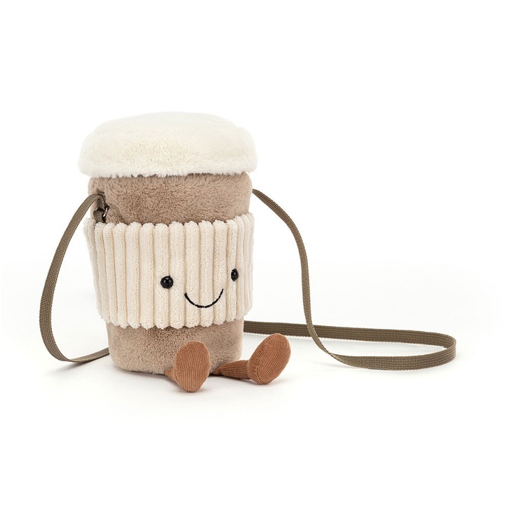 Jellycat plüss kávéscsésze alakú crossbody táska, patchwork plüss, megnyugtató kávé stílus, kis táska, 22×9×9cm, világosbarna
