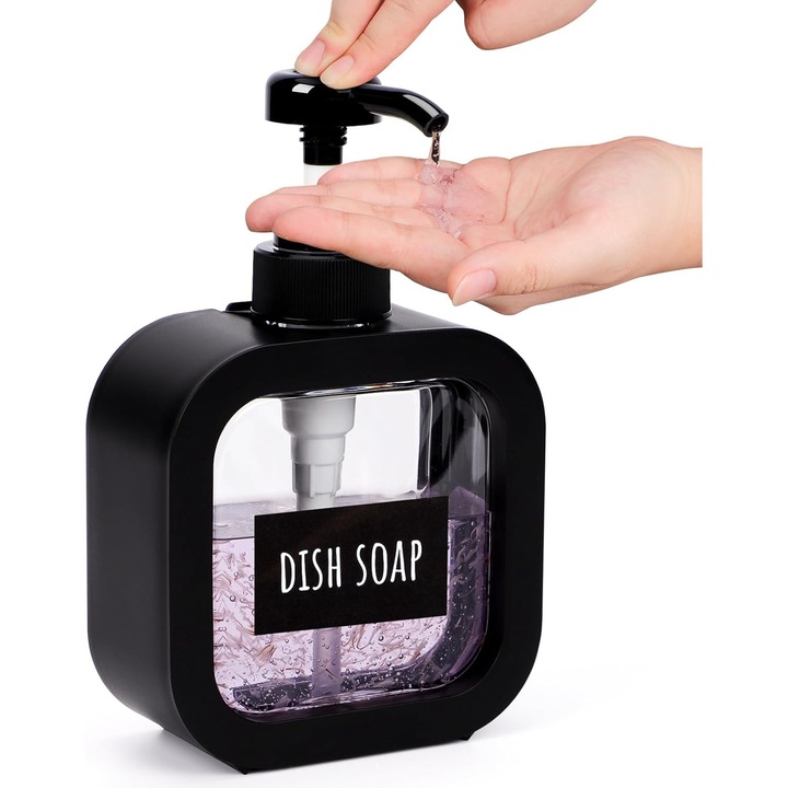 Folyékony szappan és tusfürdő adagoló, modern négyzetes design, átlátszó műanyag pumpával, vízálló címkék, Fekete, 300ml
