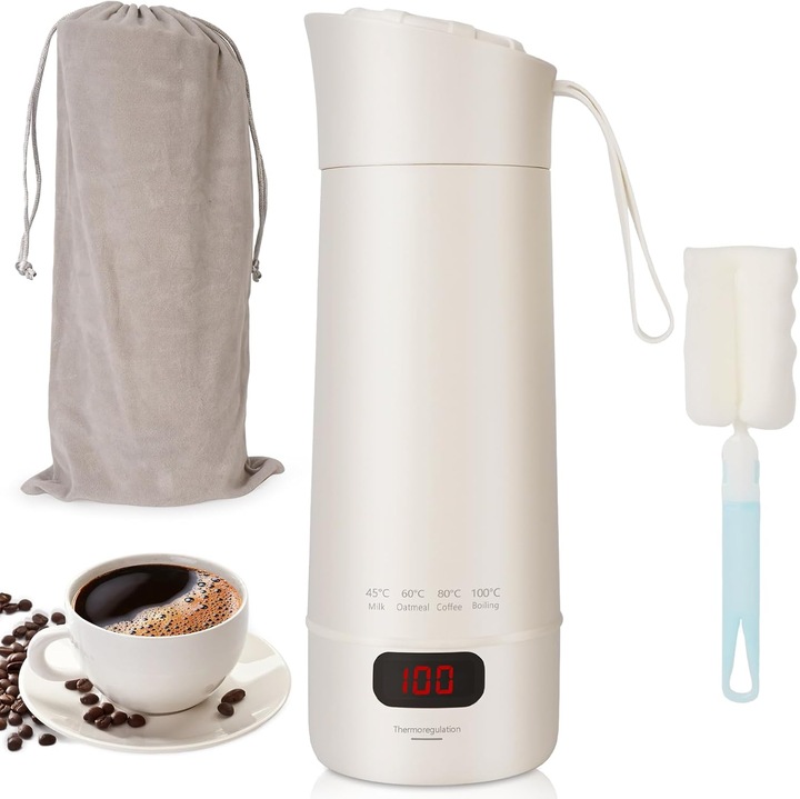 Mini hordozható vízforraló 400ml, 300W, termosztát, rozsdamentes acél, fehér, 23.5cm