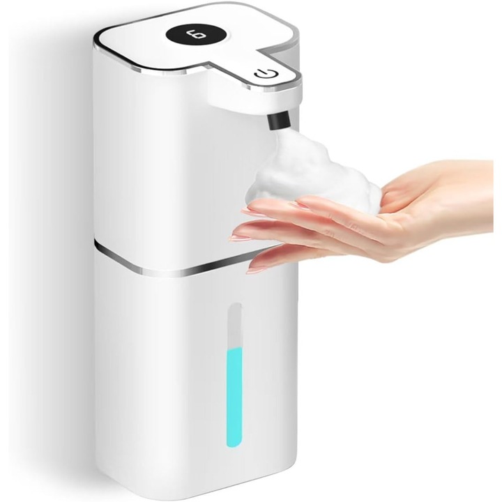 Automata szappanadagoló, érintésmentes infravörös szenzoros adagoló, 6 állítható mód, USB újratölthető 1200mAh kijelzővel, IPX5, Fehér, 400ml