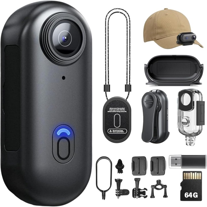 Спортна видеокамера 4K, компактна, водоустойчива, 64GB, 120мин, черна