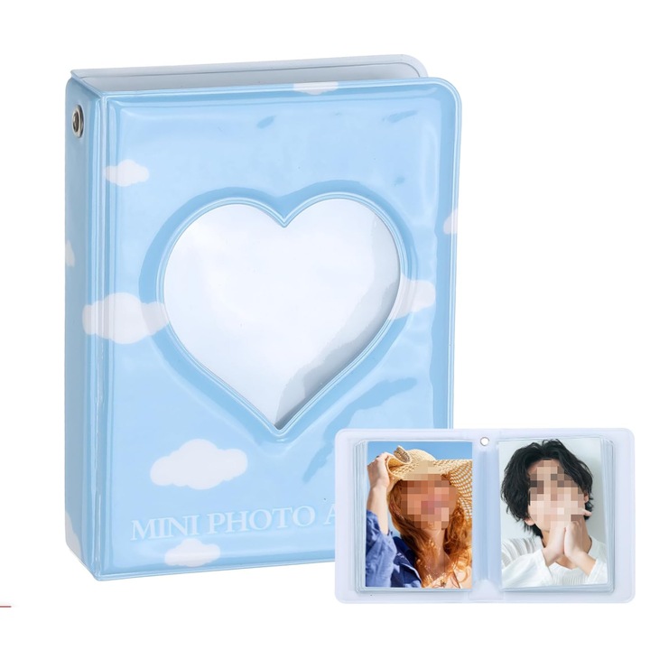 Mini fotóalbum / mini iratgyűjtő, Nori Kék és Szív modell, PVC-ből, szív alakú kivágással, 36 db 3.6×2.6 hüvelykes fényképhez, Kék, 4.3×3.1×0.8 cm