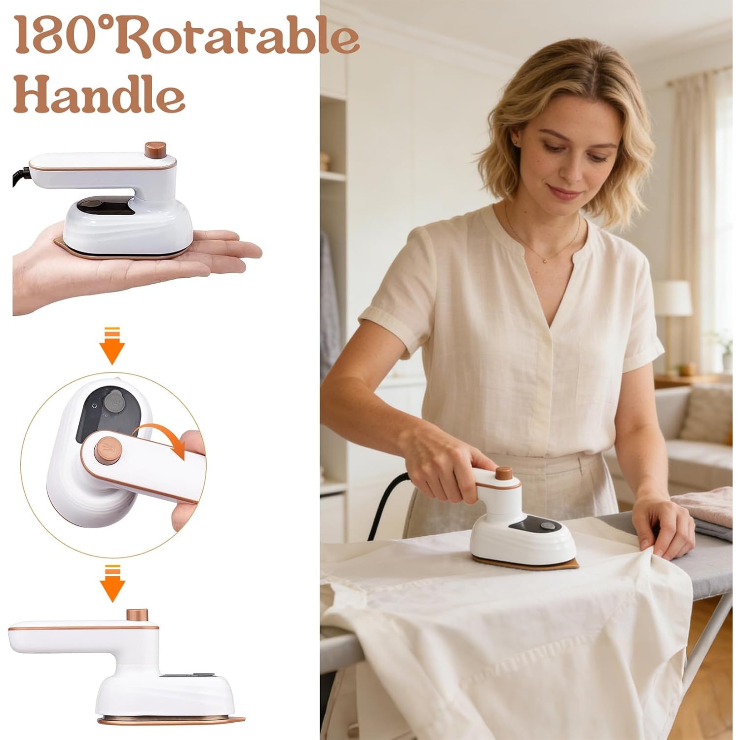 Fier de calcat portabil mini, panou din titan, 2-in-1 abur si uscat, rezervor 50 ml, pliabil pentru calatorie, alb/maro