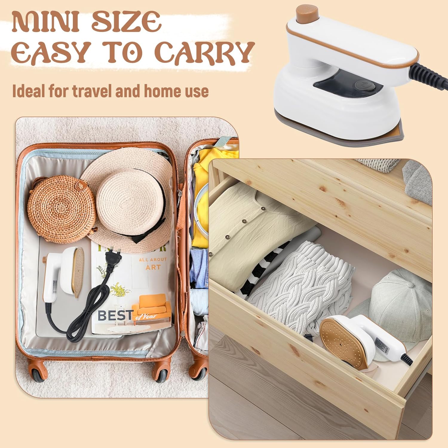 Fier de calcat portabil mini, panou din titan, 2-in-1 abur si uscat, rezervor 50 ml, pliabil pentru calatorie, alb/maro