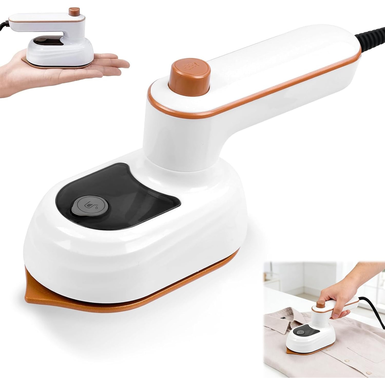 Fier de calcat portabil mini, panou din titan, 2-in-1 abur si uscat, rezervor 50 ml, pliabil pentru calatorie, alb/maro