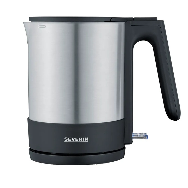Fierbator apa cu filtru anticalcar detasabil si lavabil integrat Severin, 1.7 litri, ideal pentru a incalzi apa pentru ceai/cafea/mancare bebelusi, baza centrala cu rotatie, indicator nivel apa, oprire automata, buton ilumniat on/off, inox/negru