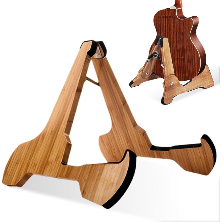 Univerzális gitárállvány, fa, szivacs, állítható, barna, 28x23x3-28cm