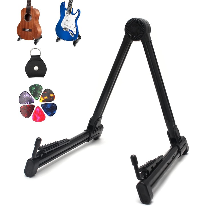 Univerzális gitártartó, összecsukható állvány gitárhoz, basszusgitárhoz és ukuleléhez, ABS-ből, állítható és csúszásmentes, fekete, 1 db