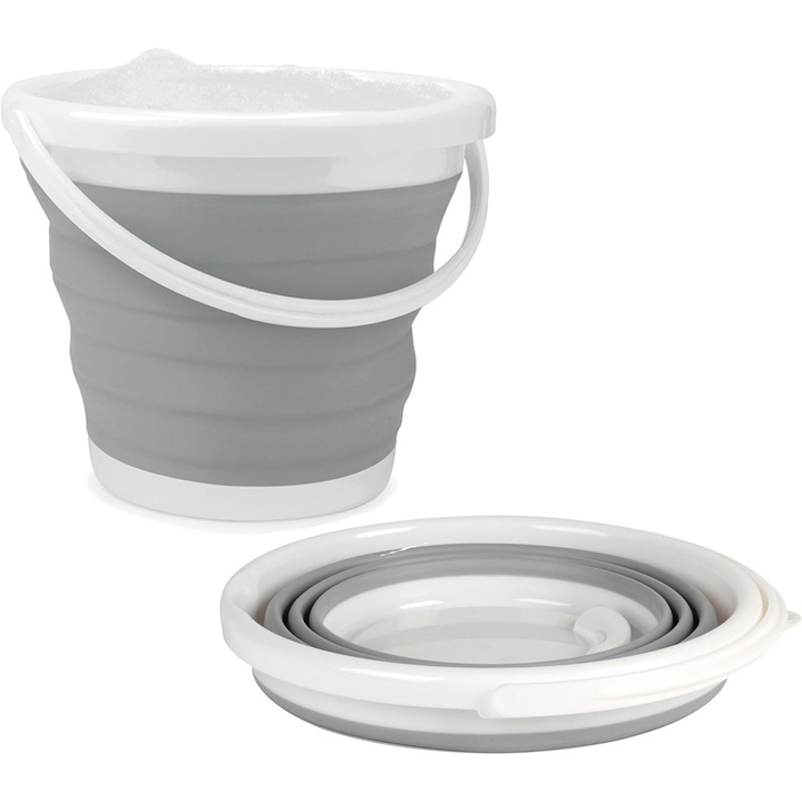 Galeata pliabila/recipient pliabil din plastic robust, cu maner rezistent, usor de depozitat, Gri, 10L, 32x32x23 cm