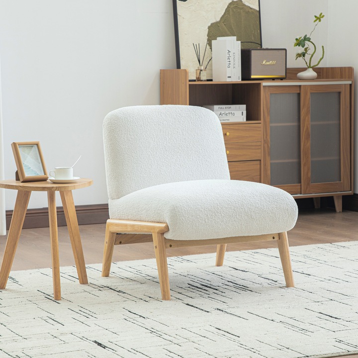 Lounge fotel olvasáshoz, deréktámasz párna, puha zsenília szövet, kényelmes kárpitozás, fa váz, fehér
