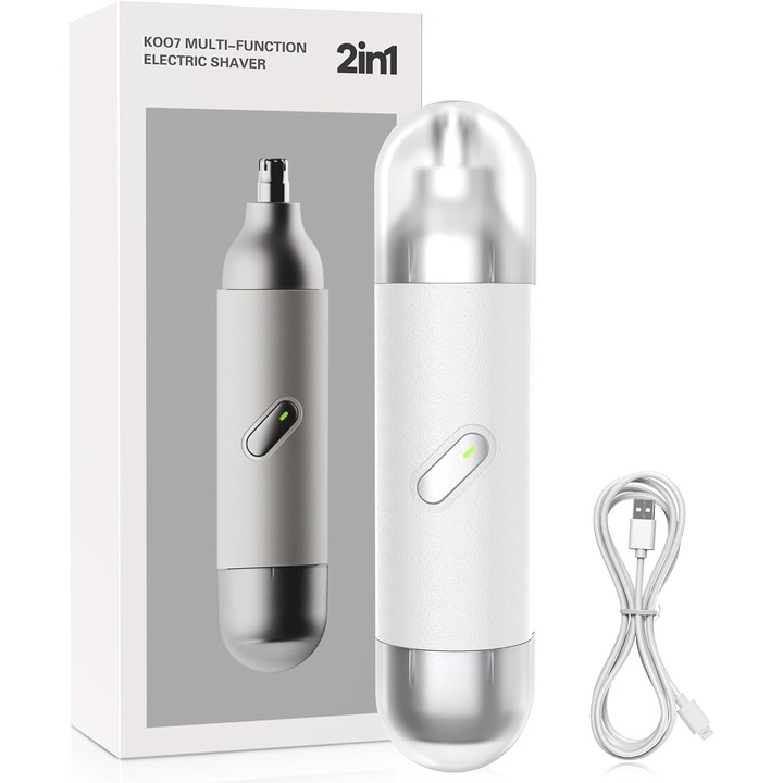 Orr- és arcszőrzetvágó, 2 az 1-ben, fehér, USB Type-C, LED világítás, 200mAh, 360 fokos forgatás, mosható