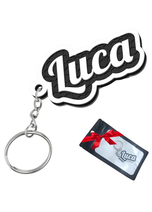 Breloc Lucmark personalizat 3D PLA – dombornyomott méhsejt mintás, rozsdamentes fémgyűrű, tartós kiegészítő autókulcsokhoz, hátizsákhoz és ajándéknak – fekete/fehér design, Luca névvel személyre szabva
