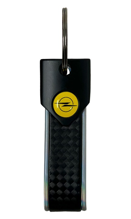 Opel autós kulcstartó gyűrűs zárral, 90 x 20 mm, ezüst, sárga logóval
