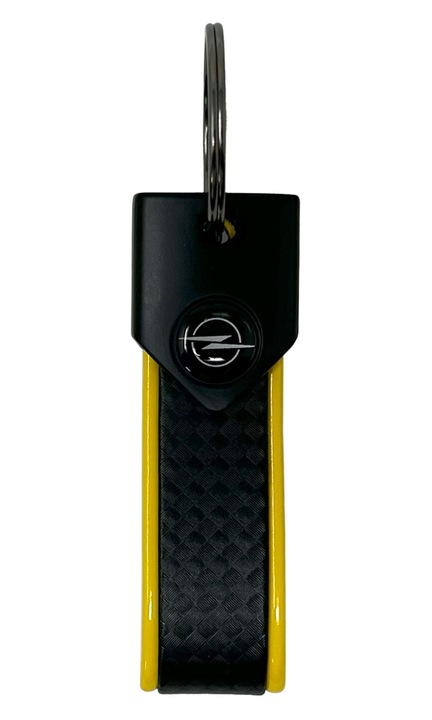 Opel autós kulcstartó gyűrűs zárral, 90 x 20 mm, sárga, fekete logóval