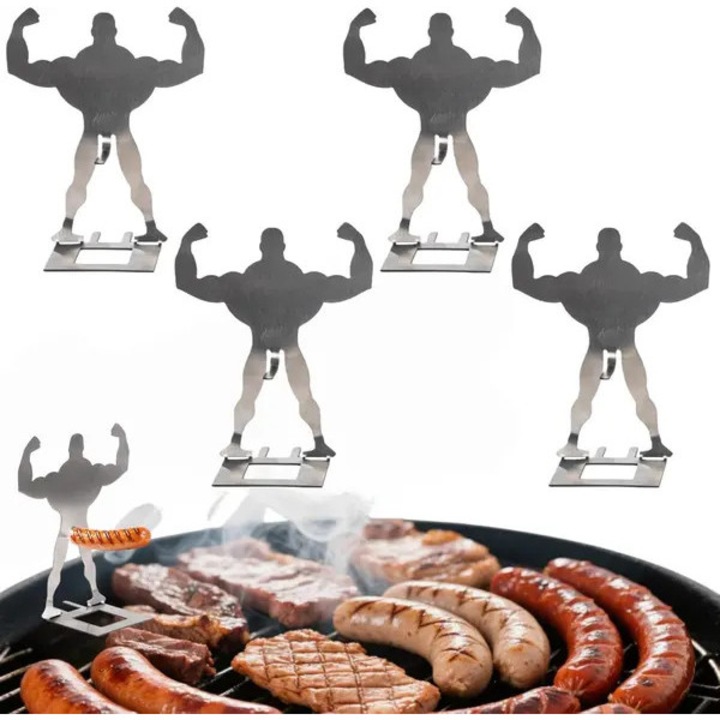 5 darabos szett, Kolbásztartó grillhez, rozsdamentes acél, újrafelhasználható és rozsdaálló, mosogatógépben mosható, hordozható, vicces izmos dizájnnal, Ezüst