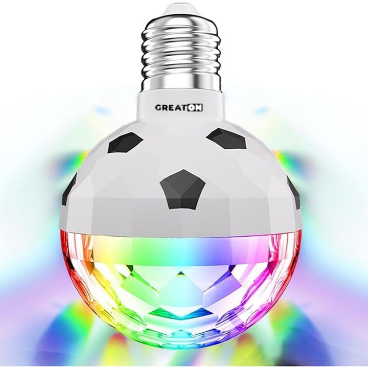 Въртяща се диско крушка GREATON, LED 3W, E27, Многоцветен светлинен ефект, Директен монтаж в фасунга, За партита, Бяла