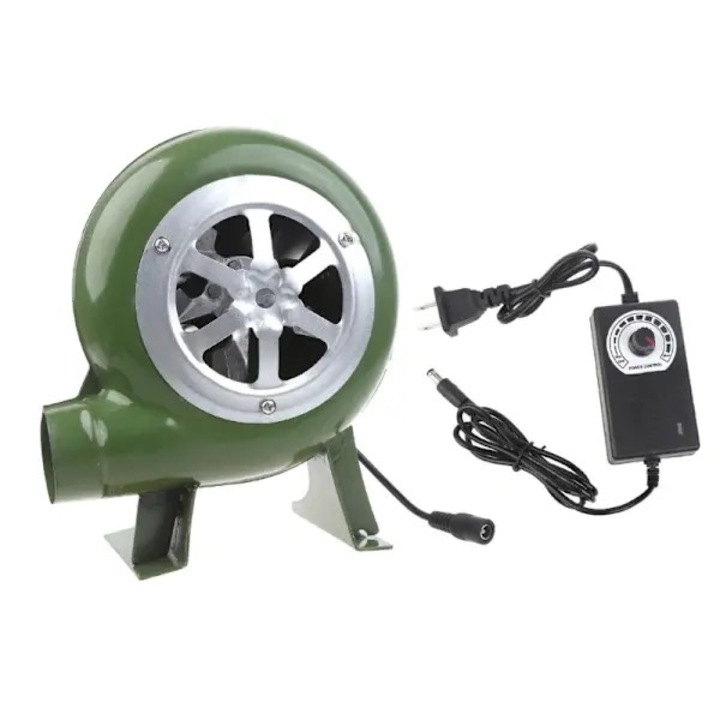 Elektromos fúvó/ventilátor szén begyújtásához, vas ház, állítható sebesség vezetékes vezérlővel, 40W, AC100-240V, zöld, légcsatorna átmérője 3.7cm, 22x18.5x12.5cm