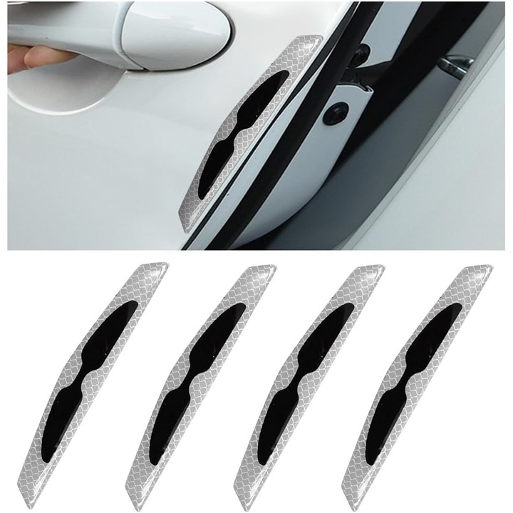 Banda de protectie reflectorizanta pentru portiera auto, strip autocolant anti-zgariere, autoadeziva, rezistenta la apa si uzura, Alb, 4 bucati (17 x 2.5 cm)