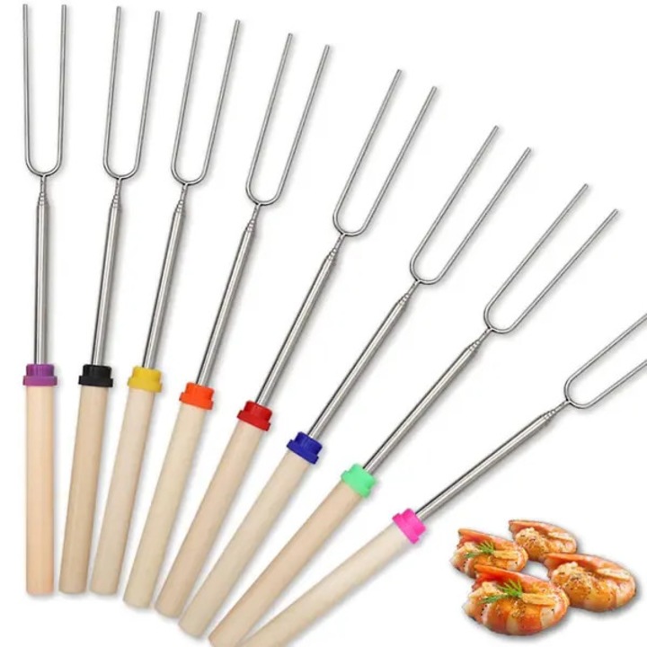 Set 8 bucati, Furculite pentru gratar si frigarui telescopice din otel inoxidabil 304, manere din lemn rezistente la caldura, retractabile, Multicolor, 8 x 1 buc