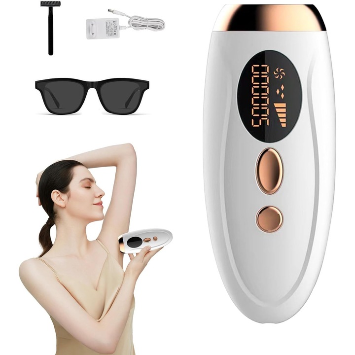 Epilator IPL 5 niveluri energie, moduri flash 2, ecran iluminat, 999 impulsuri, alb