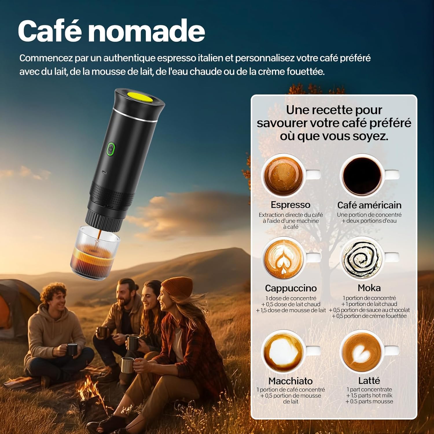 Espressor portabil / cafetiera portabila 3-in-1 compatibil capsule mici/mari si cafea macinata, incalzire rapida 4-6 min, incarcare USB-C/12V auto, Negru, 1 buc