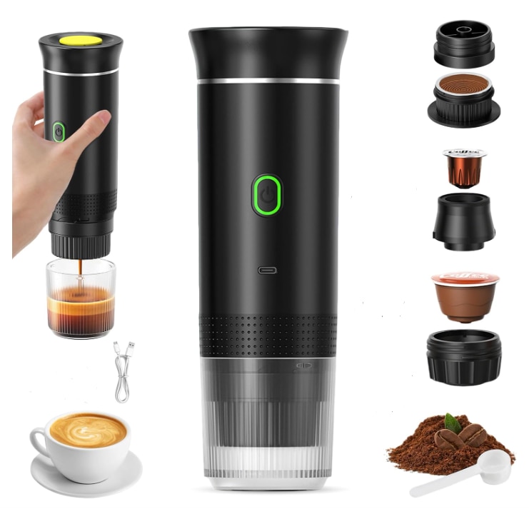 Espressor portabil / cafetiera portabila 3-in-1 compatibil capsule mici/mari si cafea macinata, incalzire rapida 4-6 min, incarcare USB-C/12V auto, Negru, 1 buc